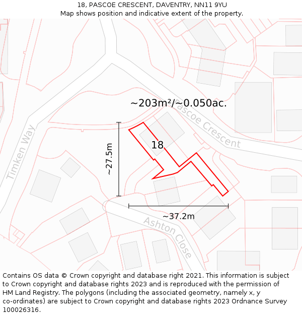 18, PASCOE CRESCENT, DAVENTRY, NN11 9YU: Plot and title map