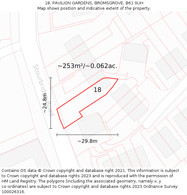 18, PAVILION GARDENS, BROMSGROVE, B61 0UH: Plot and title map