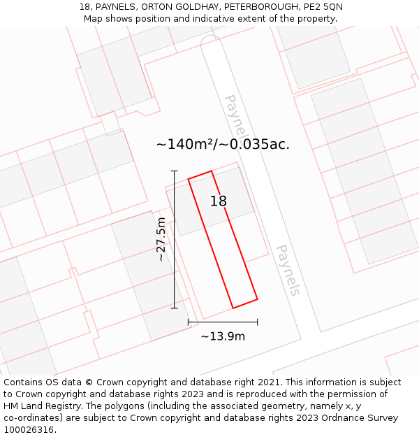18, PAYNELS, ORTON GOLDHAY, PETERBOROUGH, PE2 5QN: Plot and title map