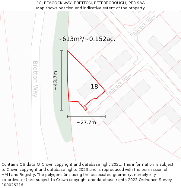 18, PEACOCK WAY, BRETTON, PETERBOROUGH, PE3 9AA: Plot and title map