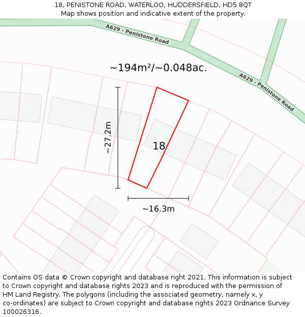 18, PENISTONE ROAD, WATERLOO, HUDDERSFIELD, HD5 8QT: Plot and title map