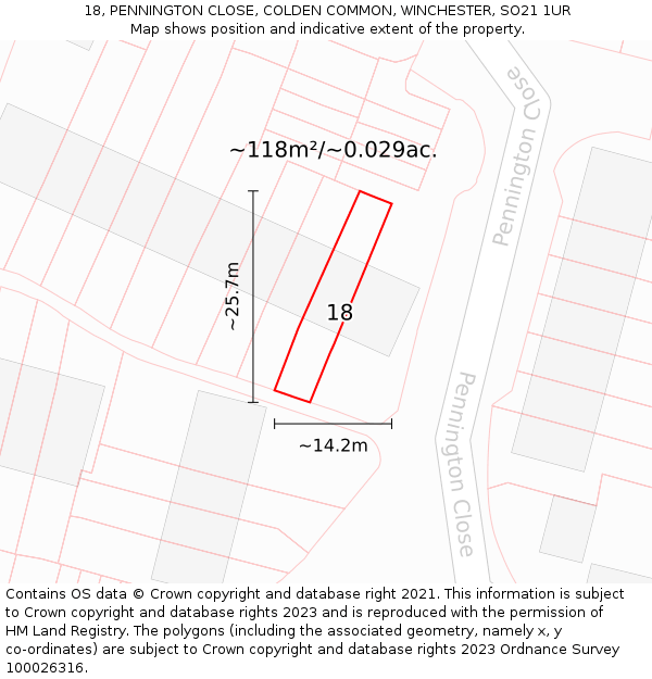 18, PENNINGTON CLOSE, COLDEN COMMON, WINCHESTER, SO21 1UR: Plot and title map