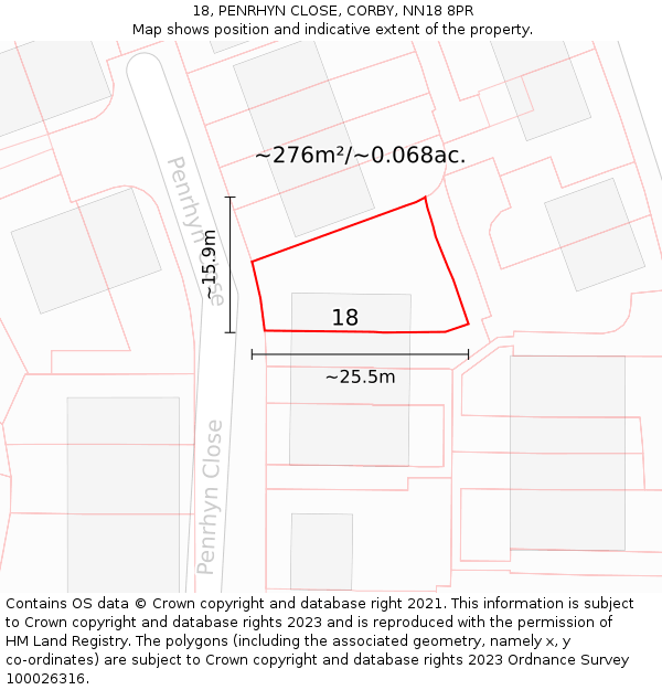 18, PENRHYN CLOSE, CORBY, NN18 8PR: Plot and title map