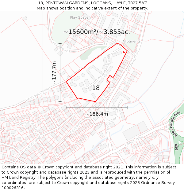 18, PENTOWAN GARDENS, LOGGANS, HAYLE, TR27 5AZ: Plot and title map