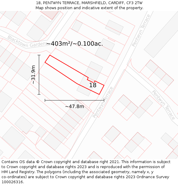 18, PENTWYN TERRACE, MARSHFIELD, CARDIFF, CF3 2TW: Plot and title map