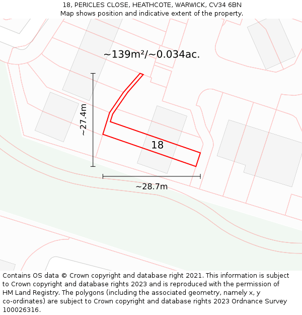 18, PERICLES CLOSE, HEATHCOTE, WARWICK, CV34 6BN: Plot and title map
