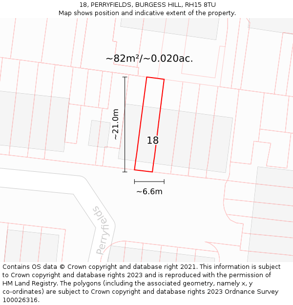 18, PERRYFIELDS, BURGESS HILL, RH15 8TU: Plot and title map