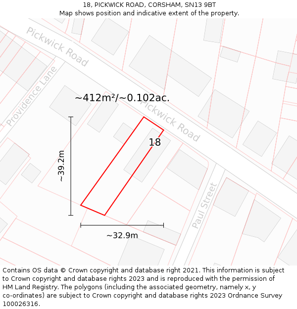18, PICKWICK ROAD, CORSHAM, SN13 9BT: Plot and title map