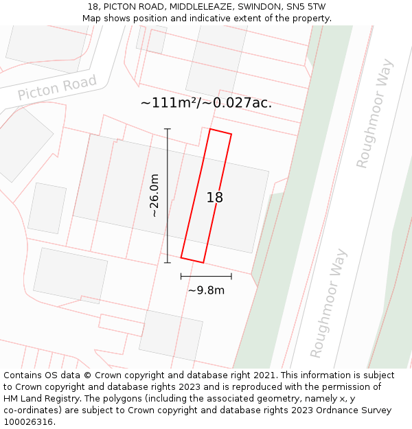 18, PICTON ROAD, MIDDLELEAZE, SWINDON, SN5 5TW: Plot and title map