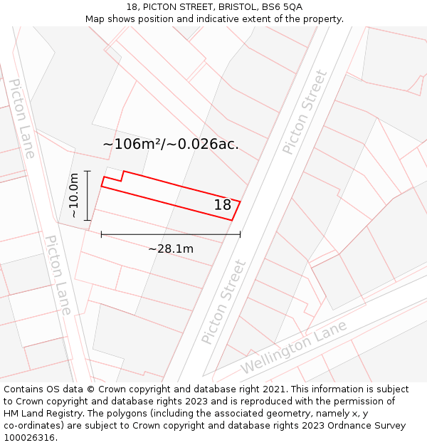 18, PICTON STREET, BRISTOL, BS6 5QA: Plot and title map