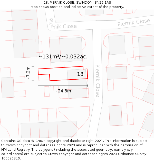 18, PIERNIK CLOSE, SWINDON, SN25 1AS: Plot and title map
