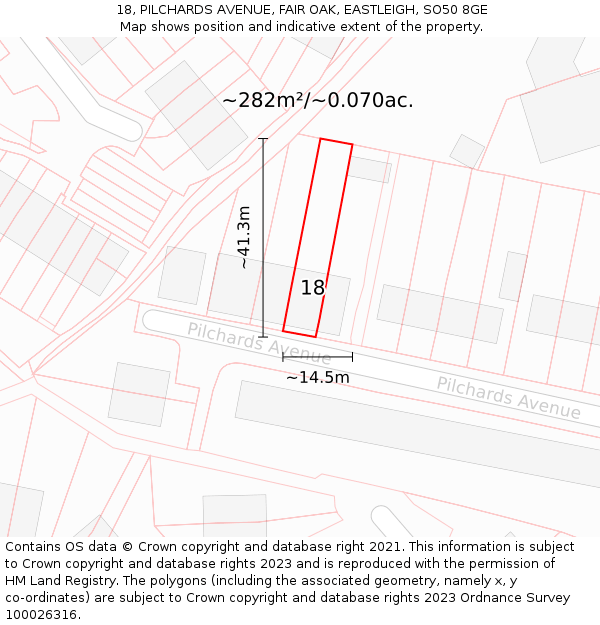 18, PILCHARDS AVENUE, FAIR OAK, EASTLEIGH, SO50 8GE: Plot and title map