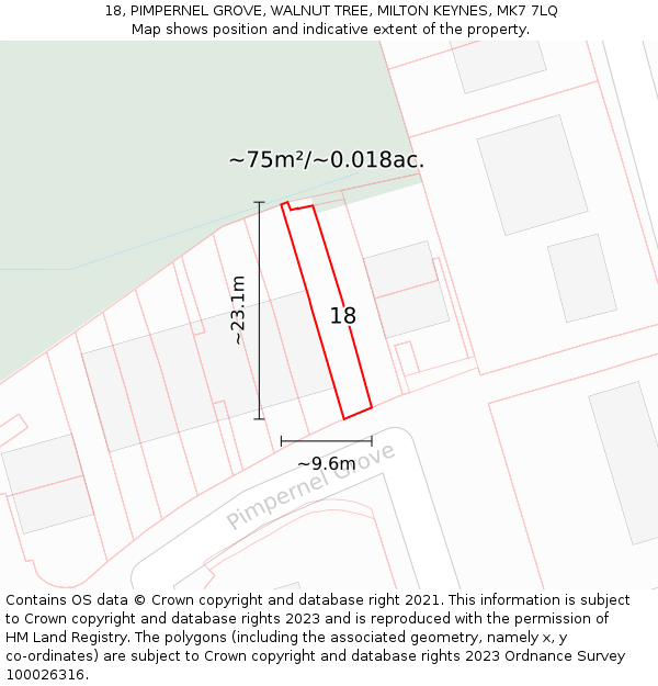 18, PIMPERNEL GROVE, WALNUT TREE, MILTON KEYNES, MK7 7LQ: Plot and title map