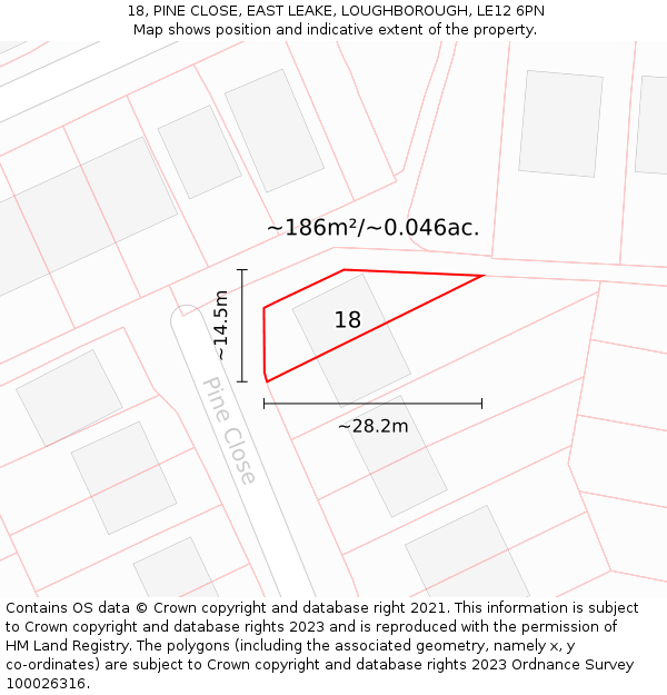 18, PINE CLOSE, EAST LEAKE, LOUGHBOROUGH, LE12 6PN: Plot and title map