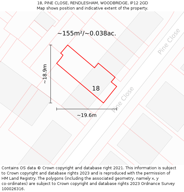 18, PINE CLOSE, RENDLESHAM, WOODBRIDGE, IP12 2GD: Plot and title map