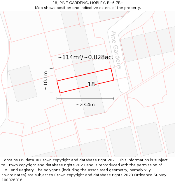 18, PINE GARDENS, HORLEY, RH6 7RH: Plot and title map