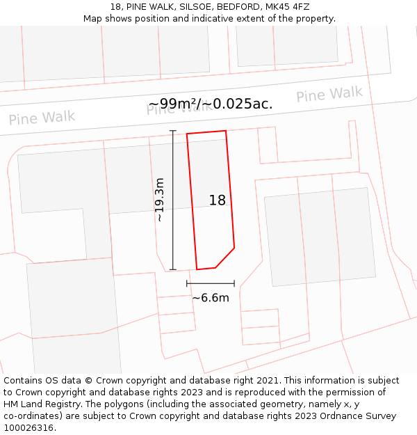 18, PINE WALK, SILSOE, BEDFORD, MK45 4FZ: Plot and title map