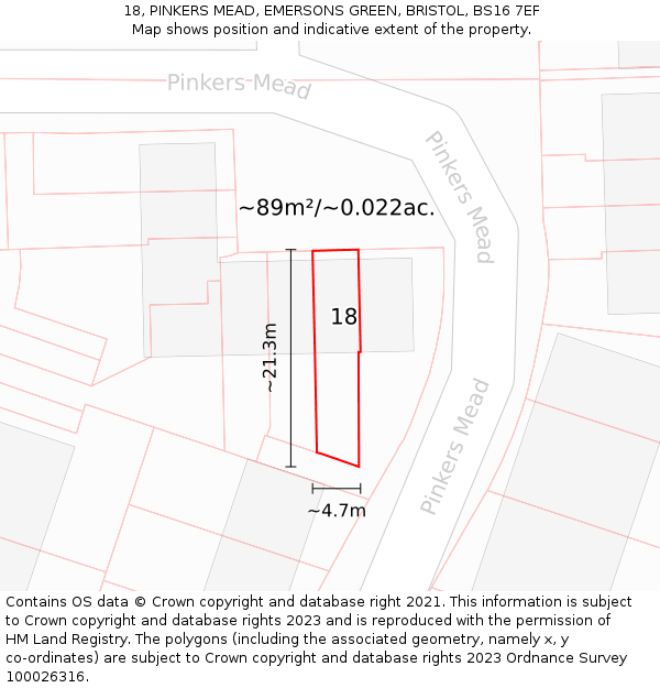 18, PINKERS MEAD, EMERSONS GREEN, BRISTOL, BS16 7EF: Plot and title map