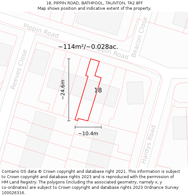 18, PIPPIN ROAD, BATHPOOL, TAUNTON, TA2 8FF: Plot and title map