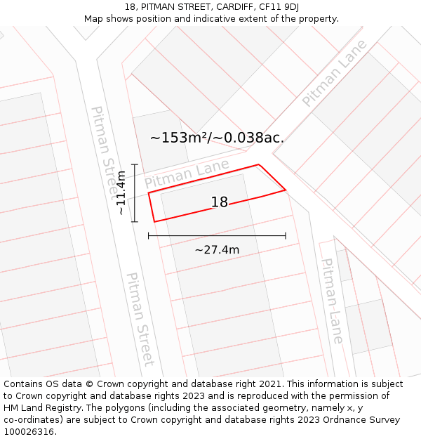 18, PITMAN STREET, CARDIFF, CF11 9DJ: Plot and title map