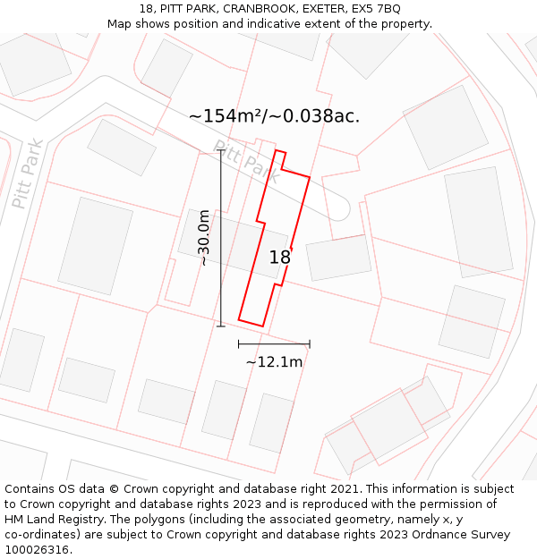 18, PITT PARK, CRANBROOK, EXETER, EX5 7BQ: Plot and title map