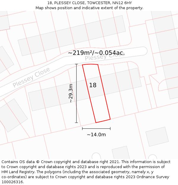 18, PLESSEY CLOSE, TOWCESTER, NN12 6HY: Plot and title map