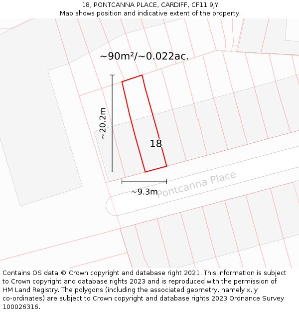 18, PONTCANNA PLACE, CARDIFF, CF11 9JY: Plot and title map