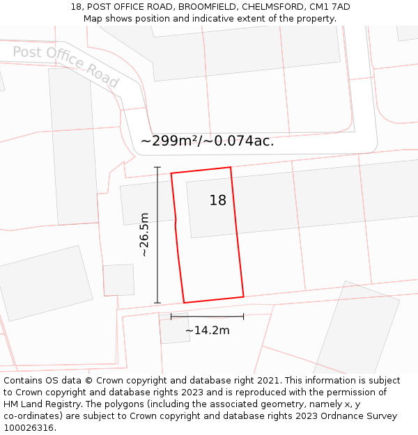 18, POST OFFICE ROAD, BROOMFIELD, CHELMSFORD, CM1 7AD: Plot and title map