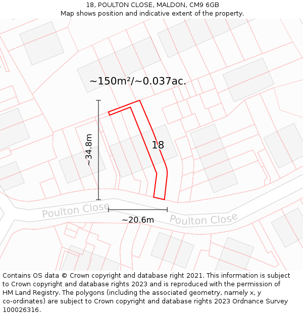 18, POULTON CLOSE, MALDON, CM9 6GB: Plot and title map