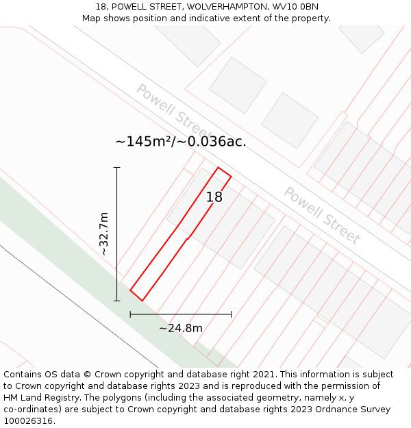 18, POWELL STREET, WOLVERHAMPTON, WV10 0BN: Plot and title map
