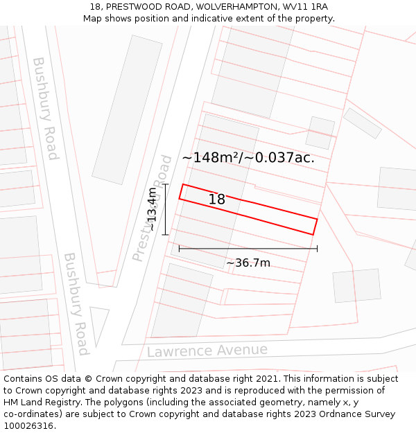 18, PRESTWOOD ROAD, WOLVERHAMPTON, WV11 1RA: Plot and title map