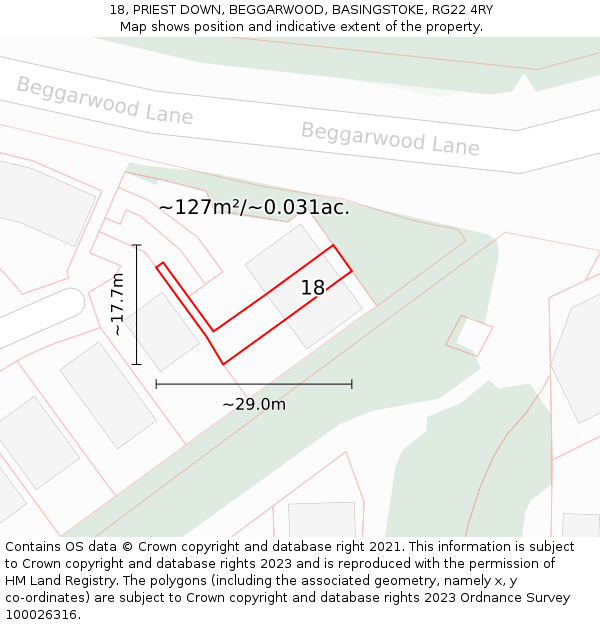 18, PRIEST DOWN, BEGGARWOOD, BASINGSTOKE, RG22 4RY: Plot and title map