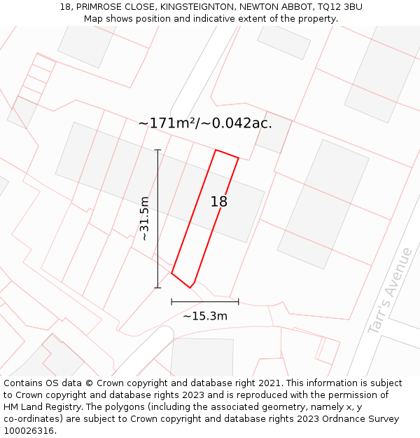 18, PRIMROSE CLOSE, KINGSTEIGNTON, NEWTON ABBOT, TQ12 3BU: Plot and title map