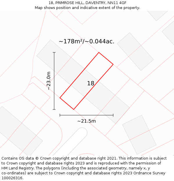 18, PRIMROSE HILL, DAVENTRY, NN11 4GF: Plot and title map