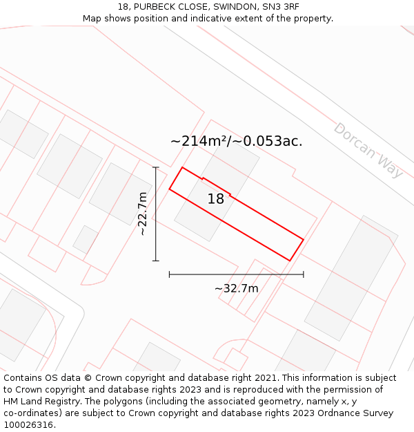 18, PURBECK CLOSE, SWINDON, SN3 3RF: Plot and title map