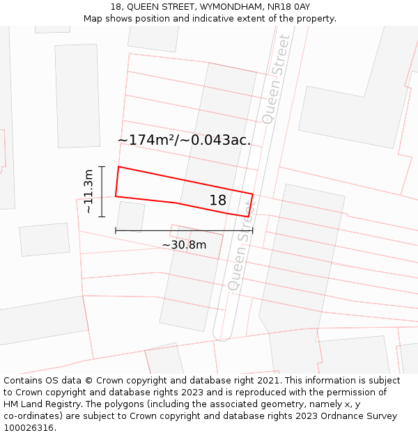 18, QUEEN STREET, WYMONDHAM, NR18 0AY: Plot and title map