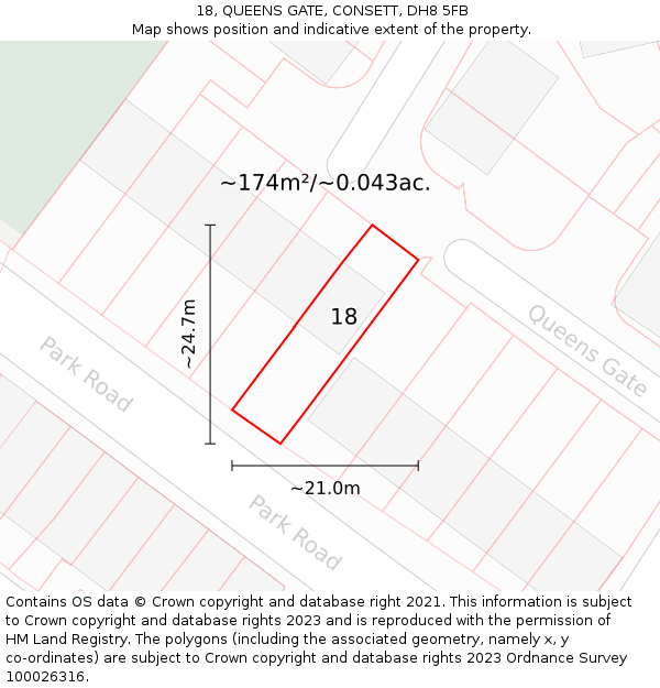 18, QUEENS GATE, CONSETT, DH8 5FB: Plot and title map