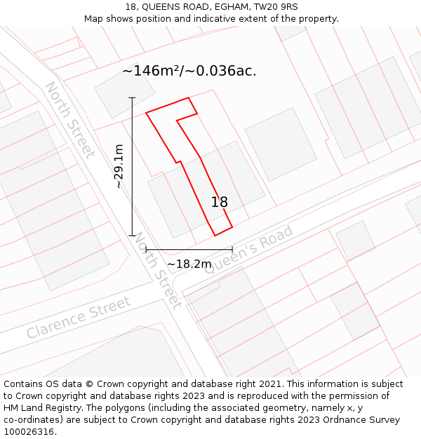18, QUEENS ROAD, EGHAM, TW20 9RS: Plot and title map