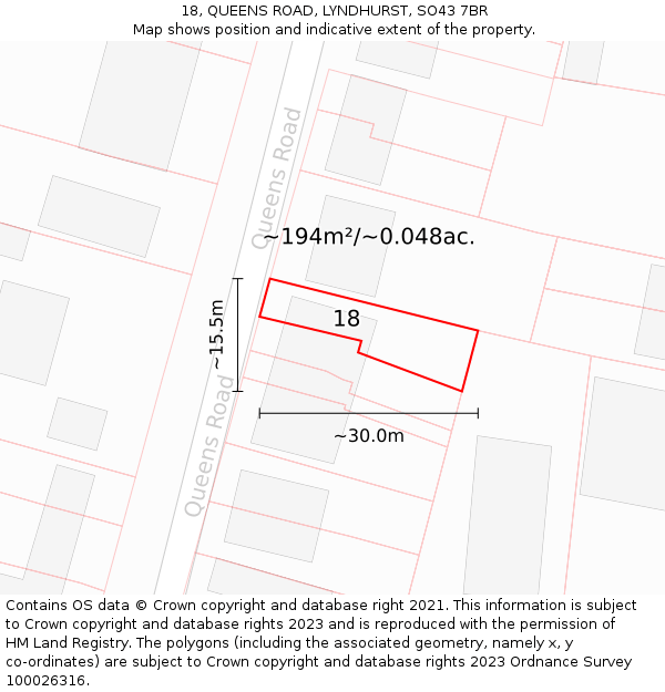 18, QUEENS ROAD, LYNDHURST, SO43 7BR: Plot and title map