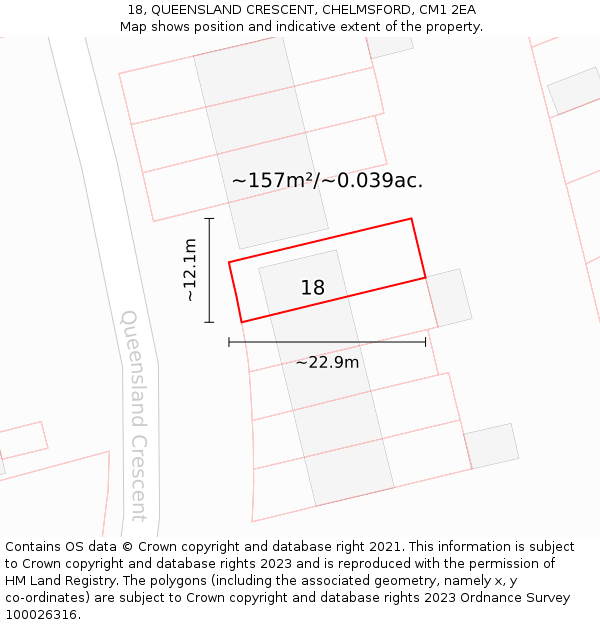 18, QUEENSLAND CRESCENT, CHELMSFORD, CM1 2EA: Plot and title map