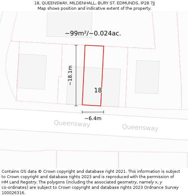 18, QUEENSWAY, MILDENHALL, BURY ST. EDMUNDS, IP28 7JJ: Plot and title map