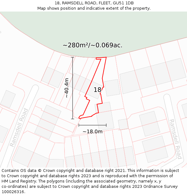 18, RAMSDELL ROAD, FLEET, GU51 1DB: Plot and title map