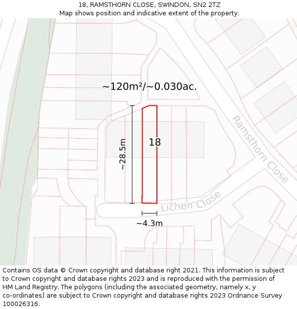 18, RAMSTHORN CLOSE, SWINDON, SN2 2TZ: Plot and title map