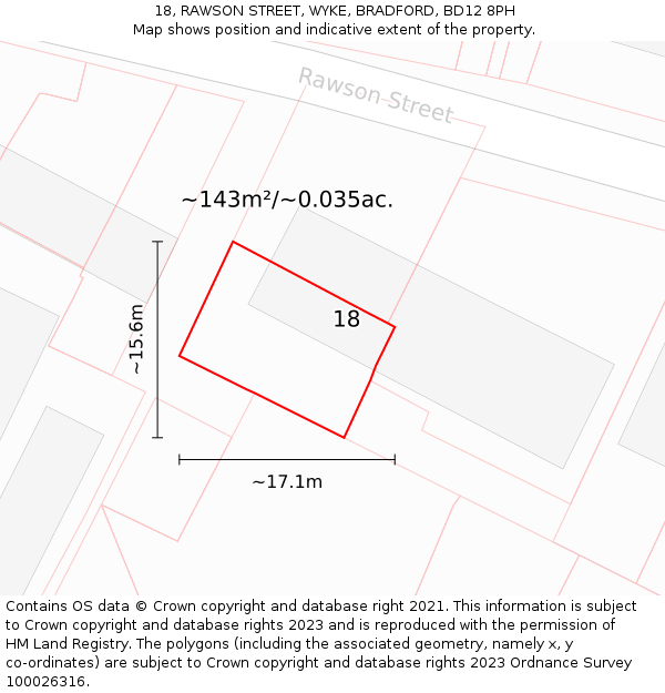 18, RAWSON STREET, WYKE, BRADFORD, BD12 8PH: Plot and title map