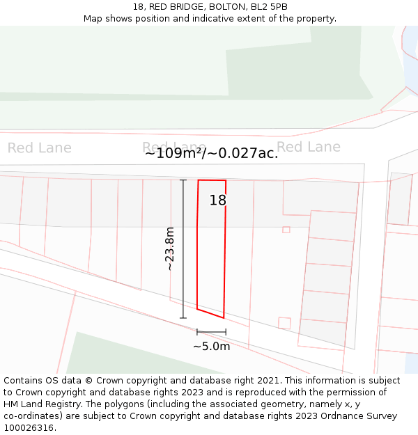 18, RED BRIDGE, BOLTON, BL2 5PB: Plot and title map