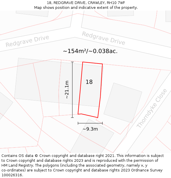 18, REDGRAVE DRIVE, CRAWLEY, RH10 7WF: Plot and title map