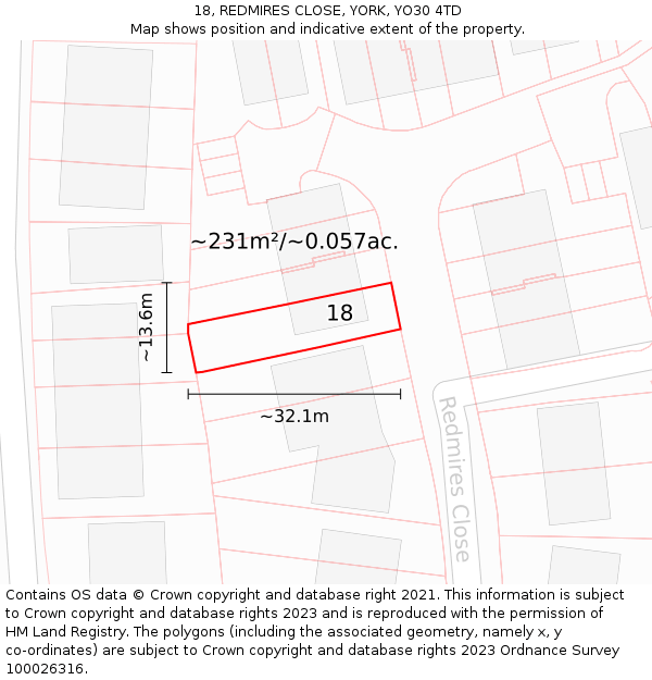 18, REDMIRES CLOSE, YORK, YO30 4TD: Plot and title map