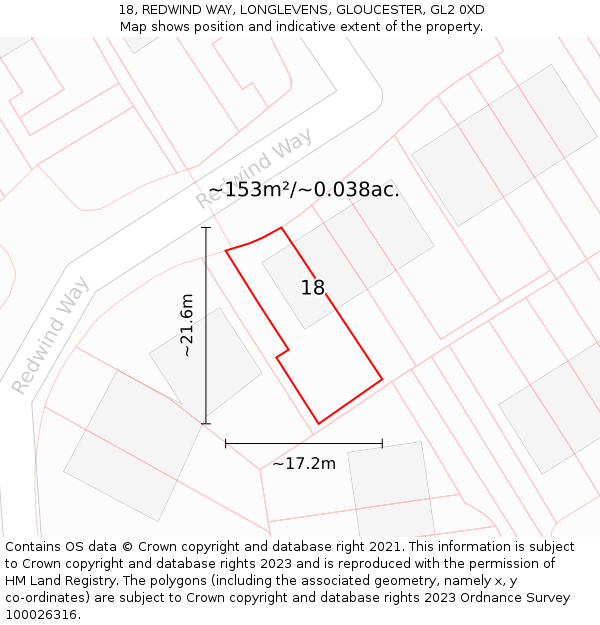18, REDWIND WAY, LONGLEVENS, GLOUCESTER, GL2 0XD: Plot and title map