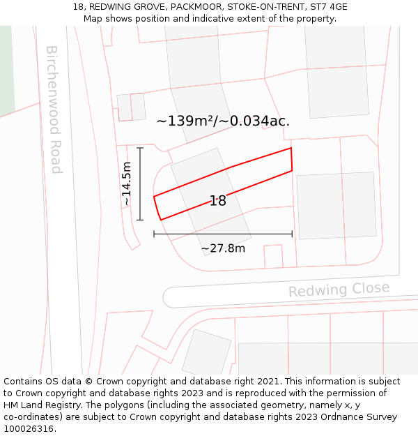 18, REDWING GROVE, PACKMOOR, STOKE-ON-TRENT, ST7 4GE: Plot and title map