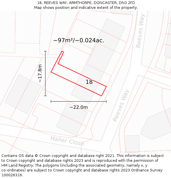 18, REEVES WAY, ARMTHORPE, DONCASTER, DN3 2FD: Plot and title map